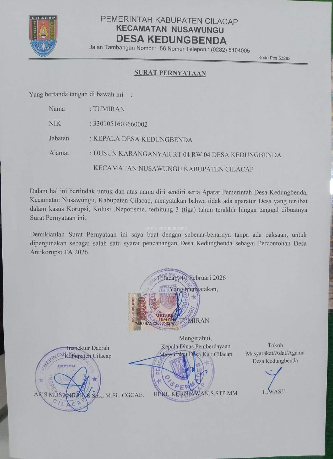 SURAT PERNYATAAN OLEH KADES TIDAK TERJERAT TINDAK PIDANA KORUPSI